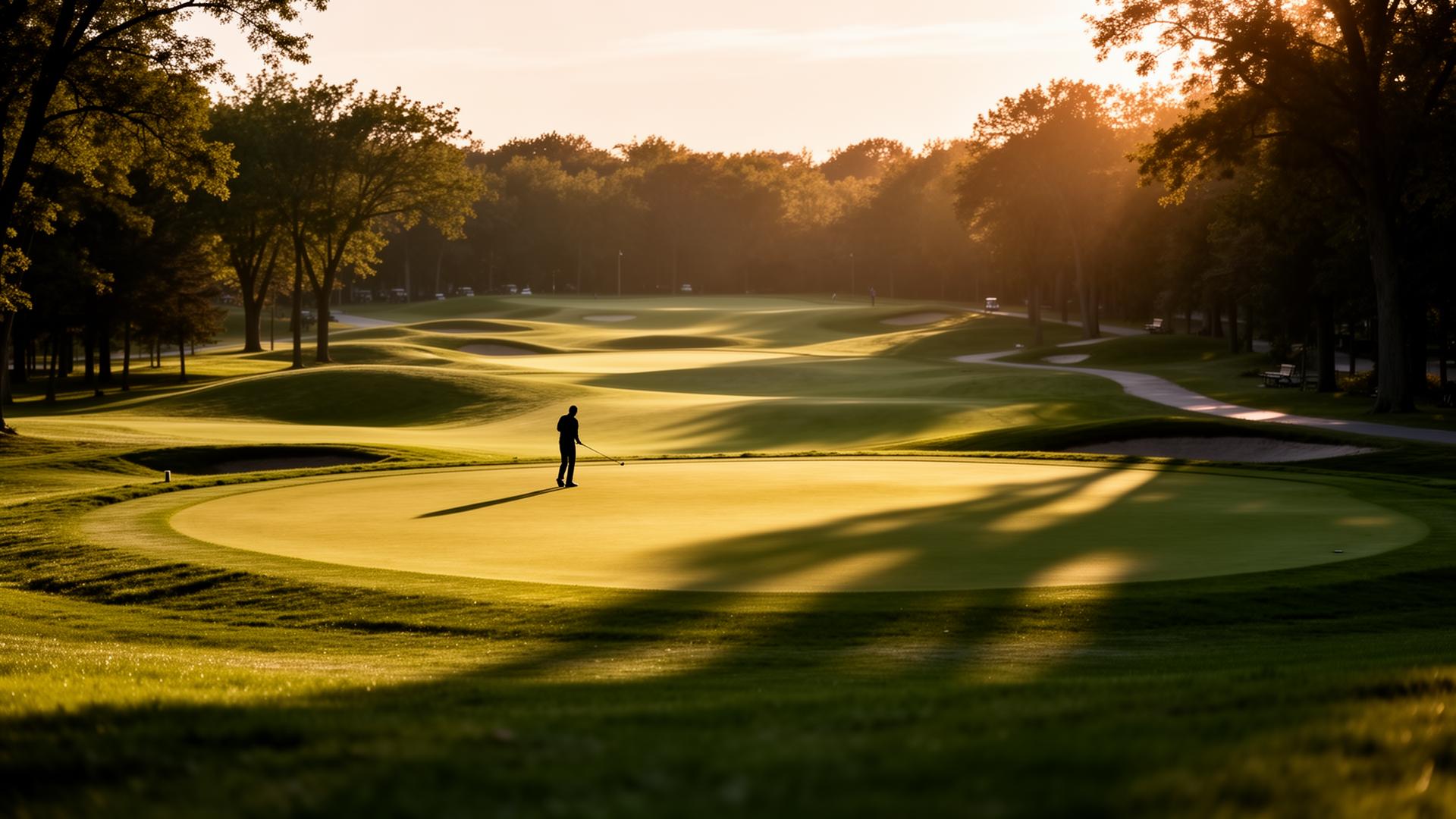 Golfer teeing off at sunrise on a lush green Toronto-area course